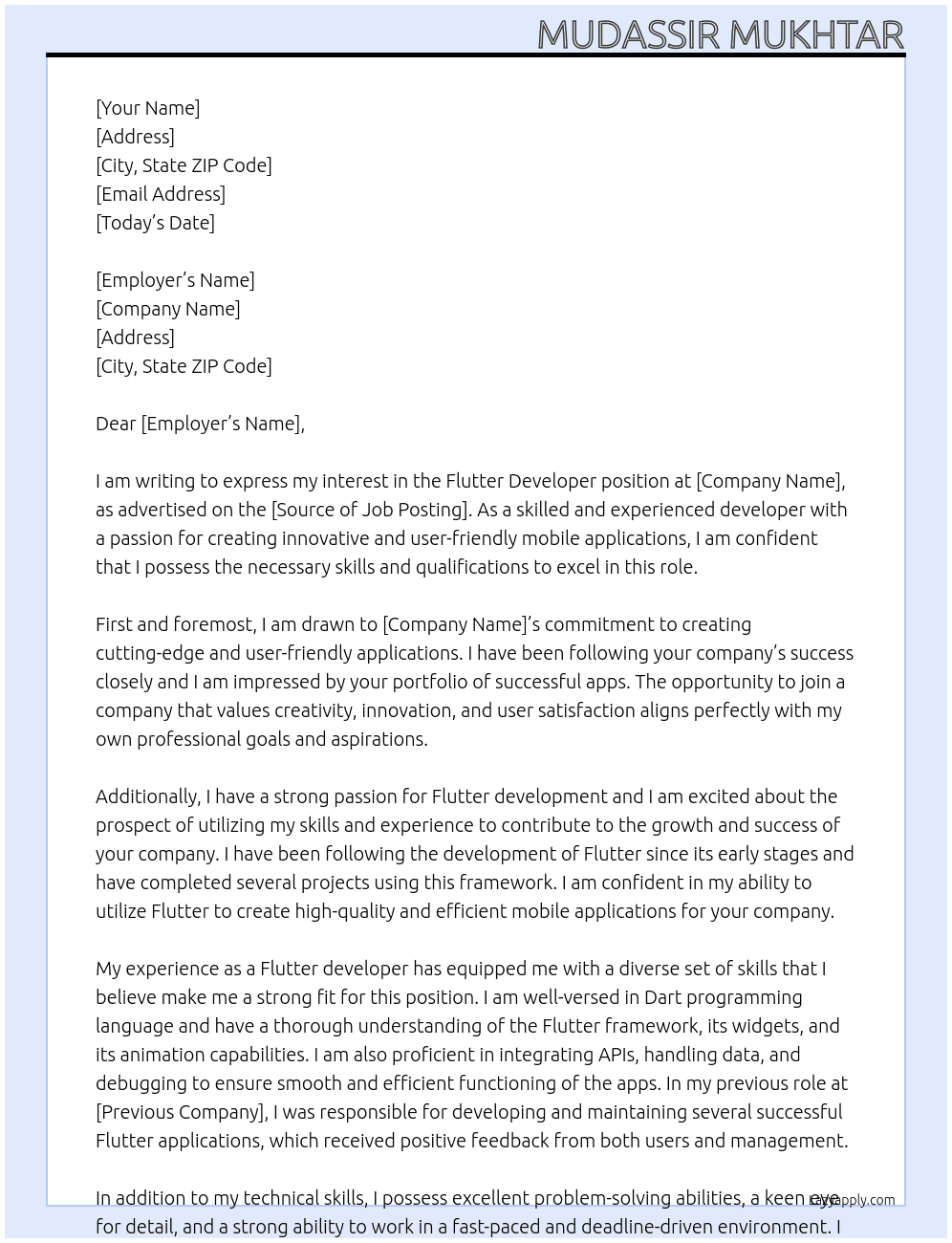 Flutter developer At  kk Cover Letter