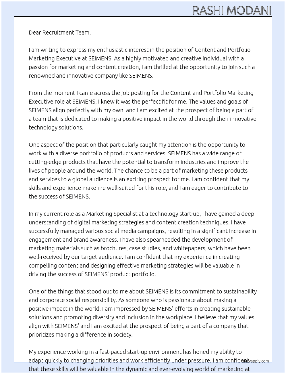 Content and Portfolio Marketing Executive At SEIMENS Cover Letter