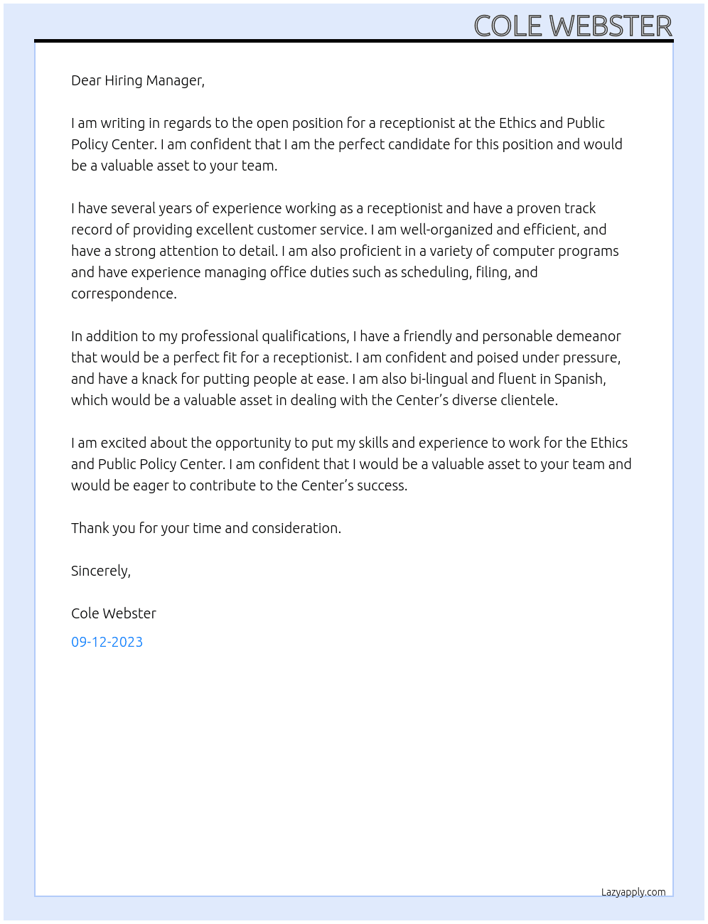 Receptionist At Ethics and Public Policy Center Cover Letter