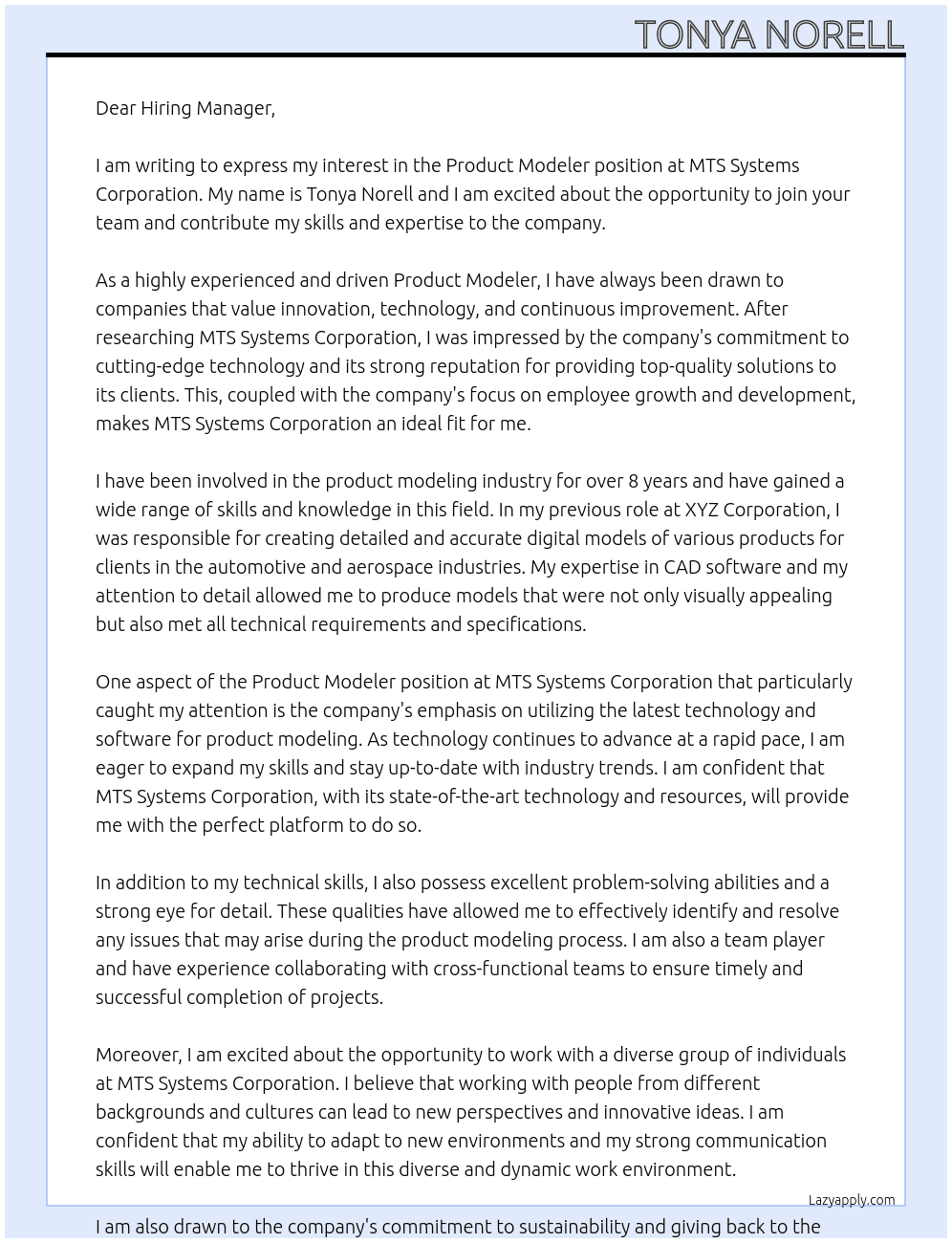 Product Modeler At MTS Systems Corporation Cover Letter