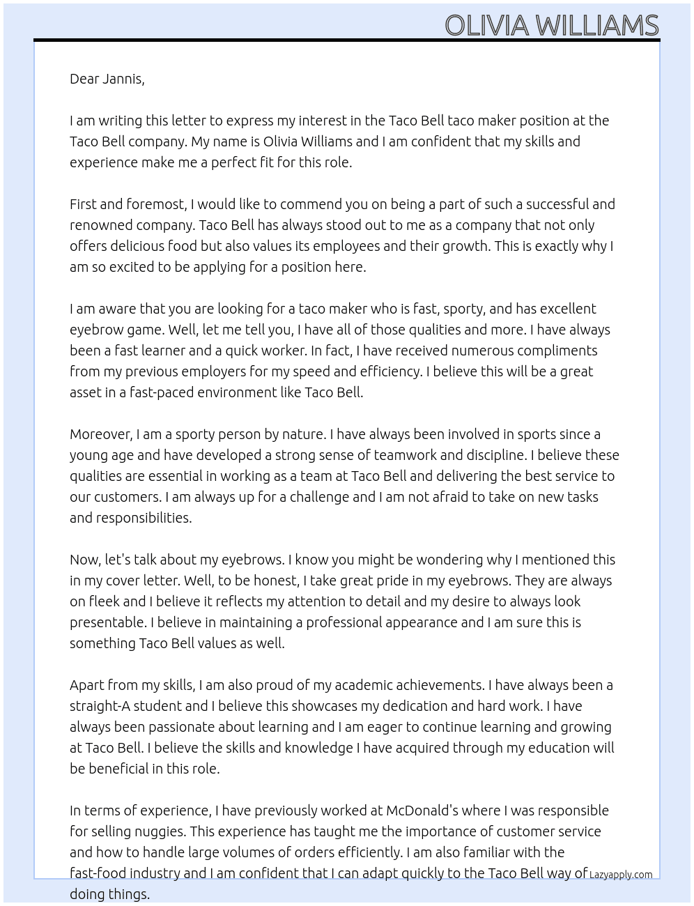 Taco Bell taco maker At Taco bell  Cover Letter