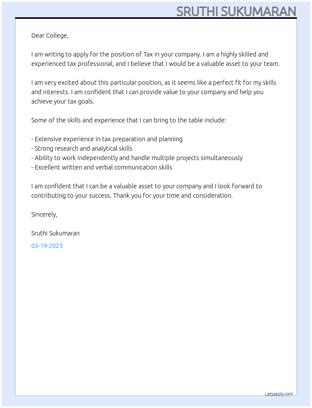Tax At Education  Cover Letter