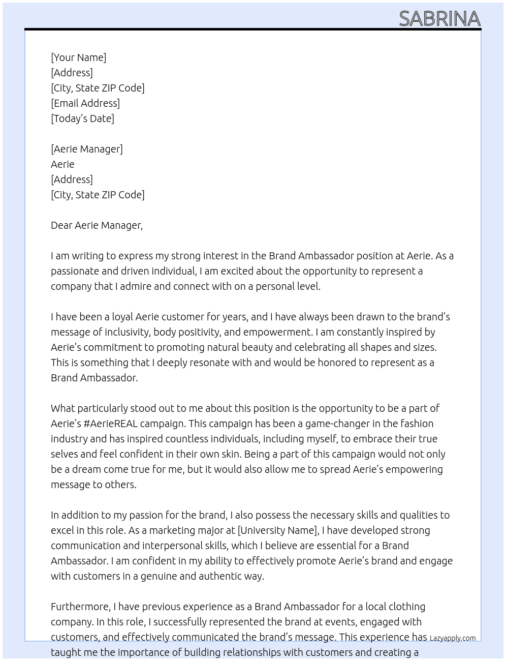 brand ambassador At aerie Cover Letter