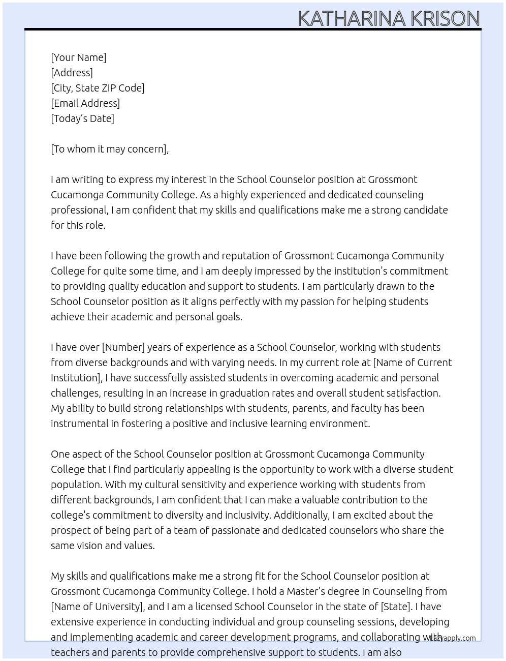 School Counselor At grossmont Cucamonga community college Cover Letter