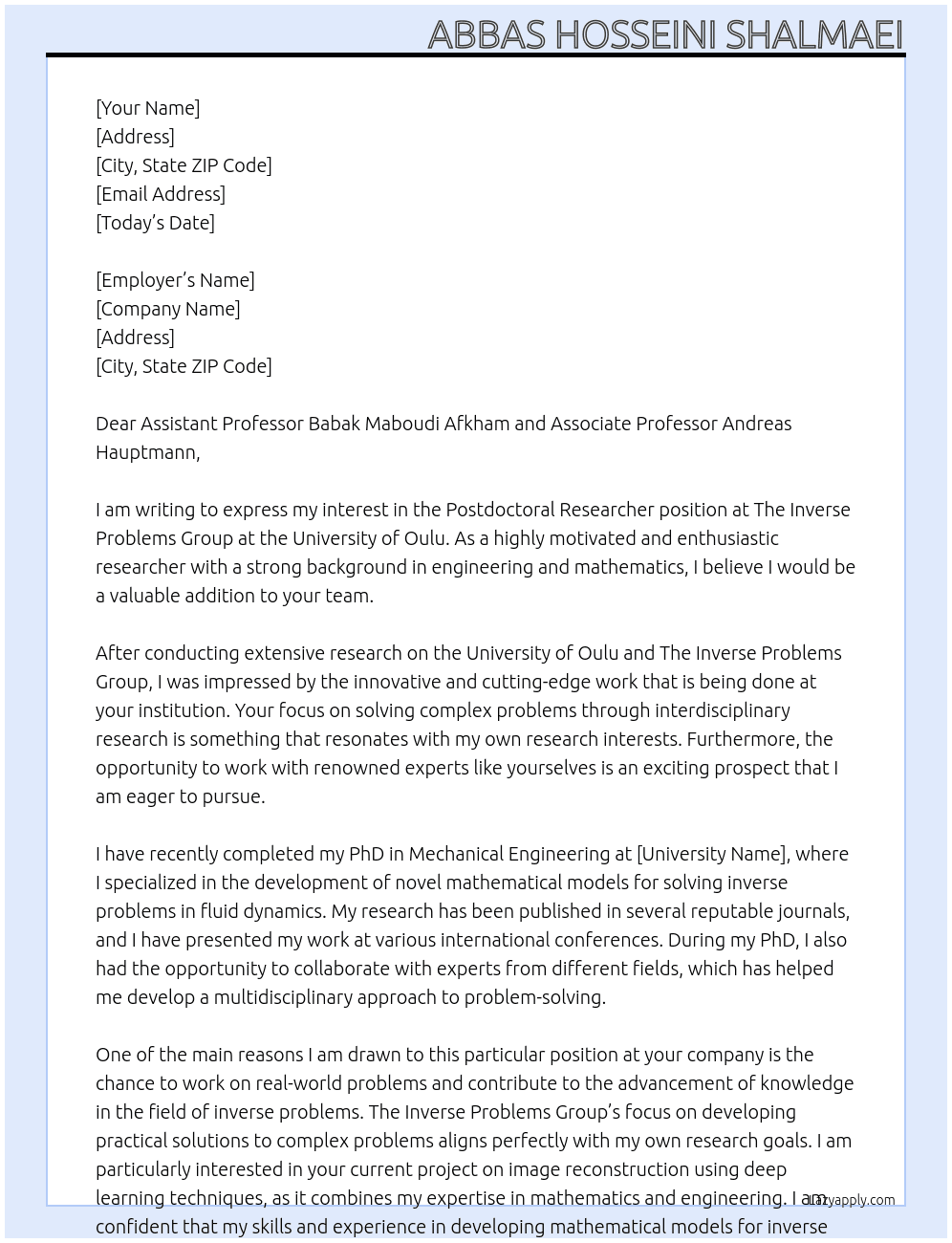 Postdoctoral Researcher At The Inverse Problems Group at the University of Oulu Cover Letter