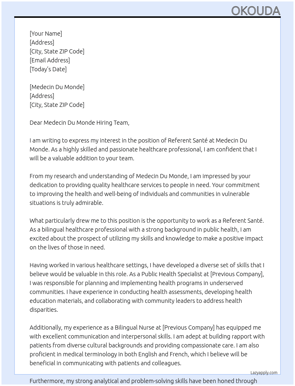 referent santé At MEDECIN DU MONDE Cover Letter