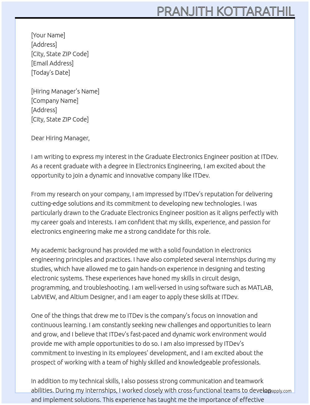 Graduate Electronics Engineer At ITDev Cover Letter