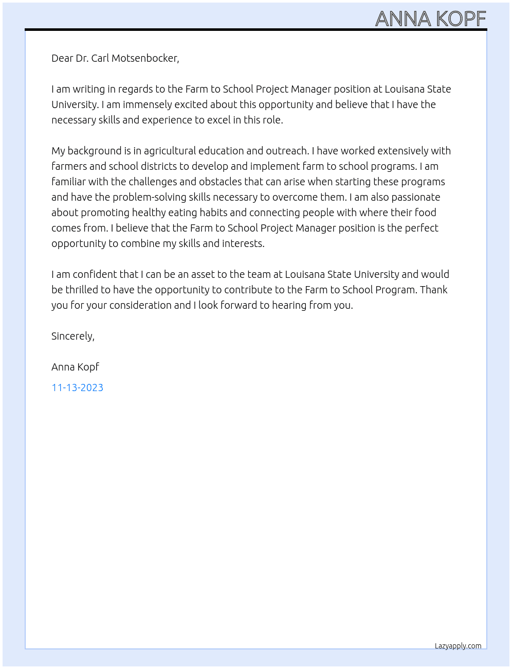 Farm to School Project Manager At Louisana State University Cover Letter
