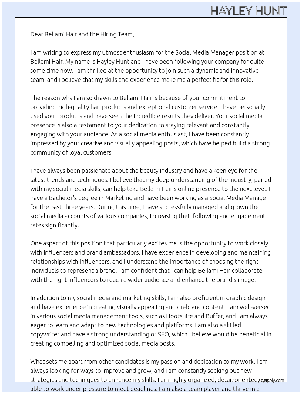 Social Media Manager At Bellami Hair Cover Letter