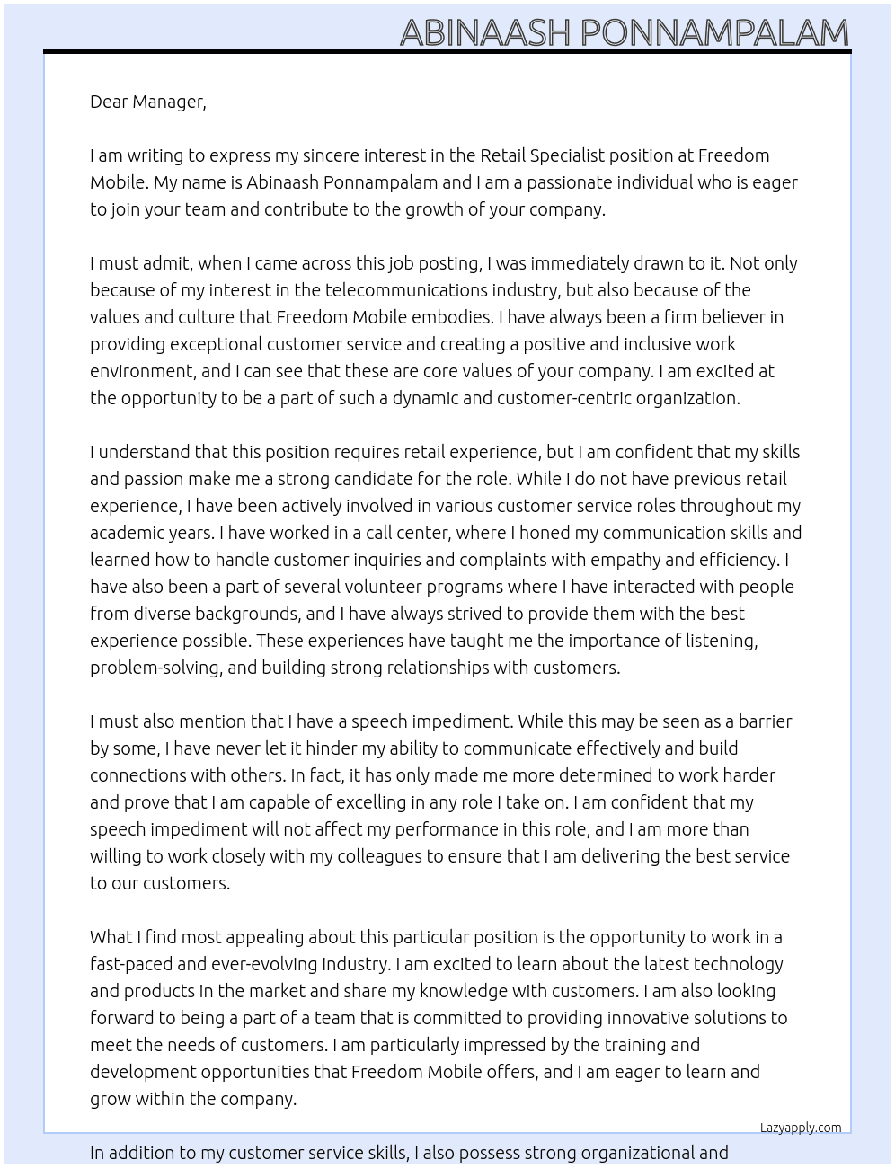Retail Specialist with No Retail Experience and Have a Speech Impediment At Freedom Mobile Cover Letter