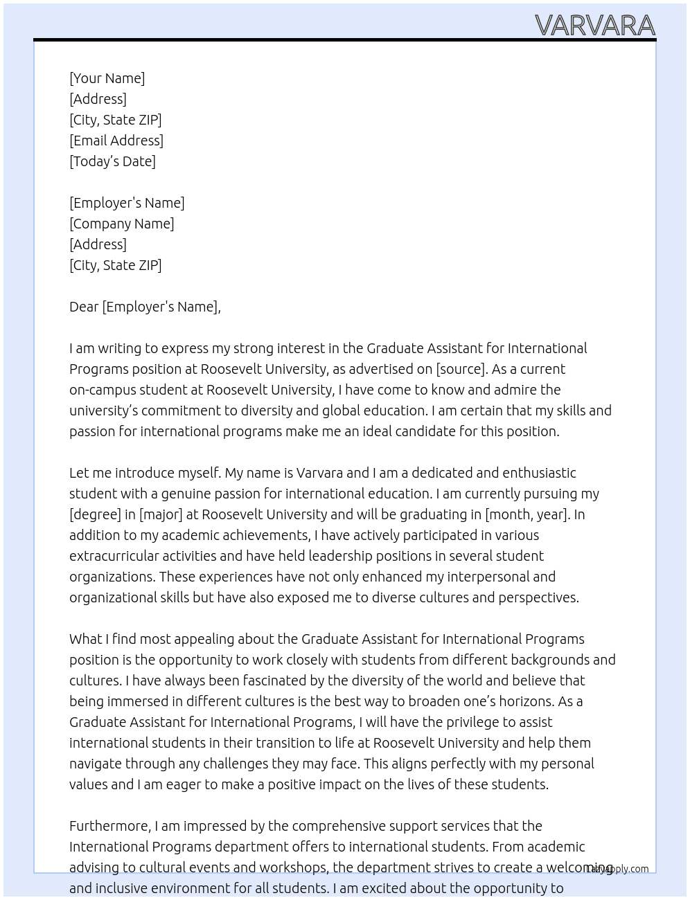 Graduate Assistant for International Programs At Roosevelt University Cover Letter