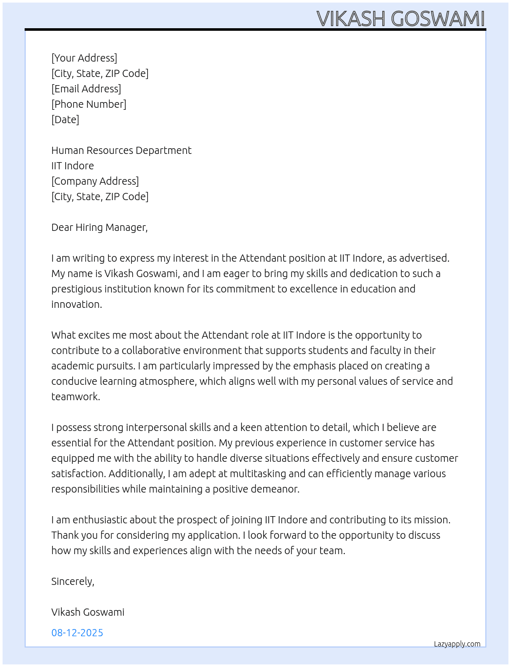Cover letter for attendant - LazyApply