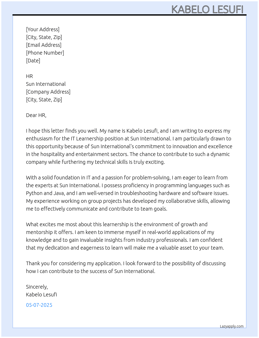 IT learnership  At Sun international  Cover Letter
