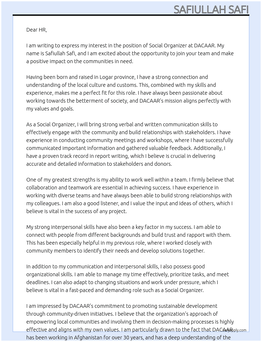 Social Organizer  At DACAAR Cover Letter