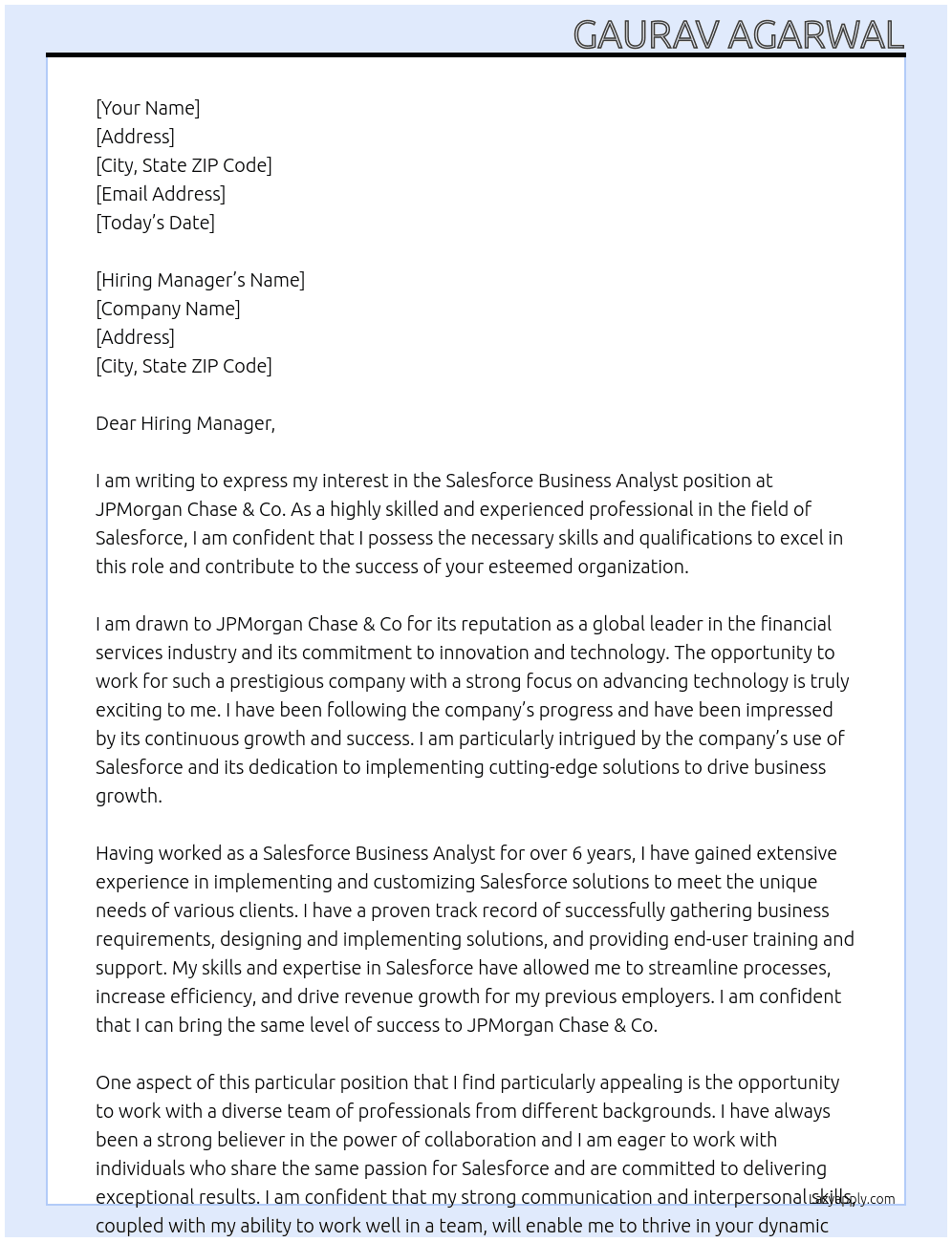 Salesforce Business Analyst At JPMorgan Chase & Co Cover Letter