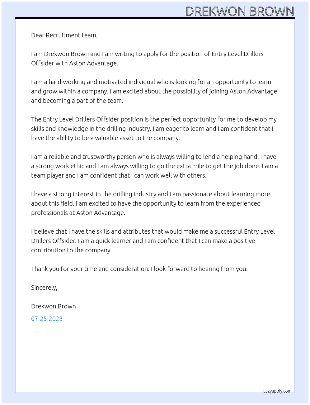 Entry Level Drillers Offsider At Aston Advantage Cover Letter