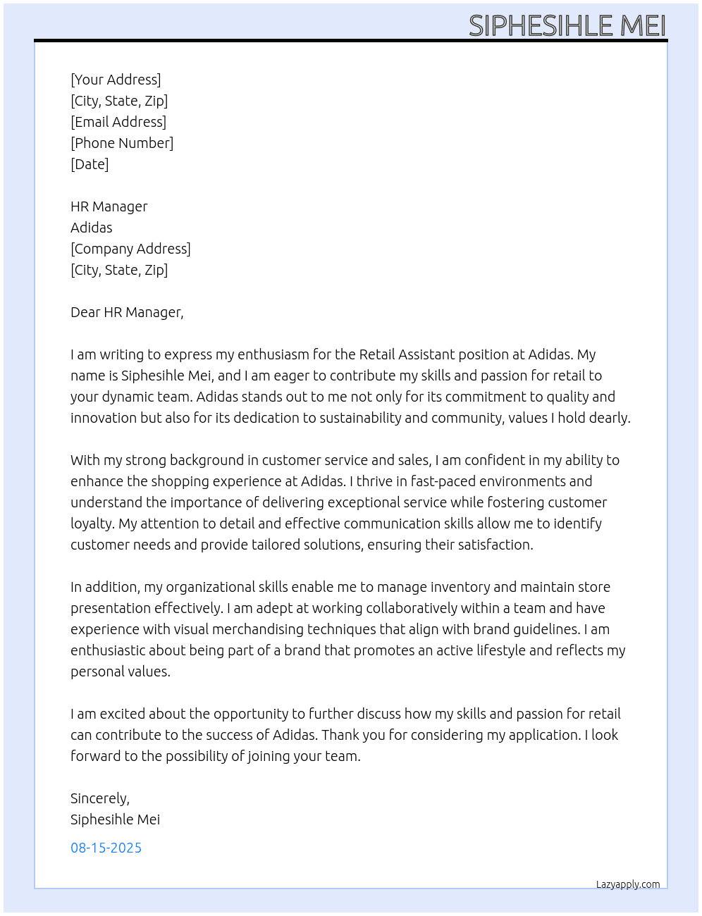 Retail assistant At Adidas Cover Letter