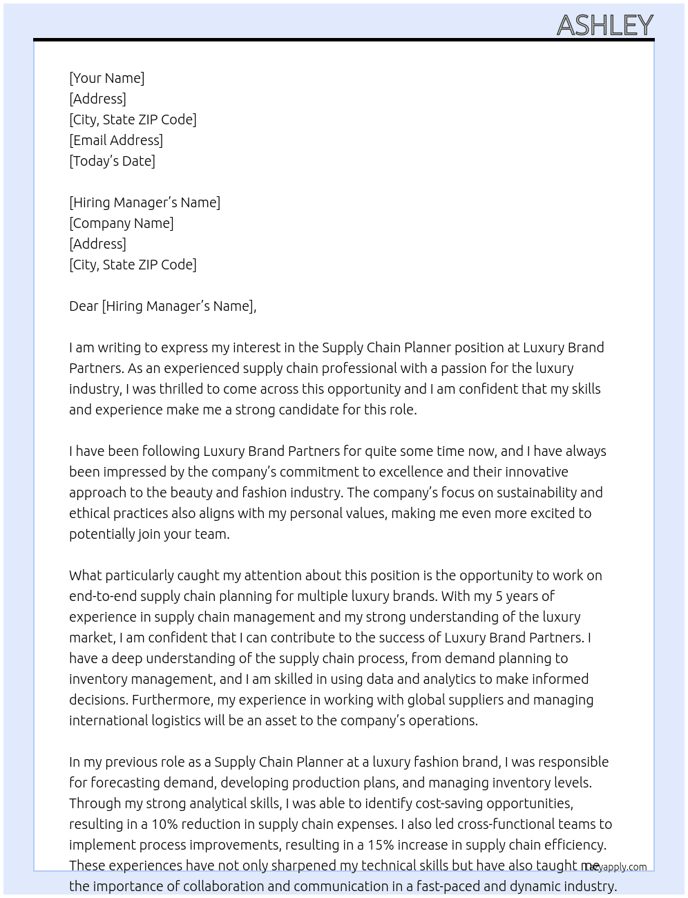 Supply Chain Planner At Luxury Brand Partners Cover Letter