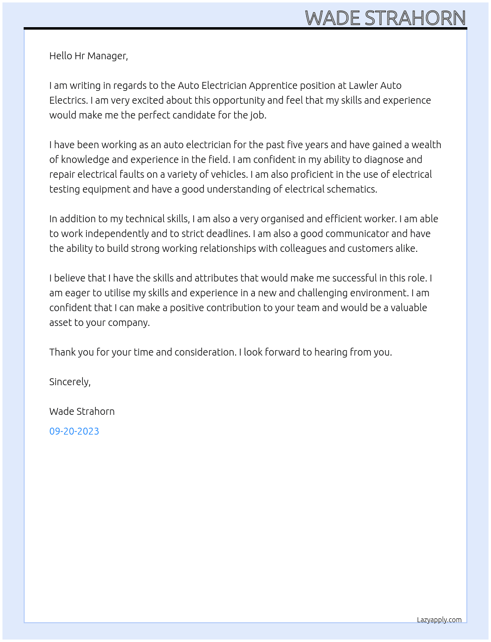 Auto Electrician Apprentice At Lawler Auto Electrics Cover Letter