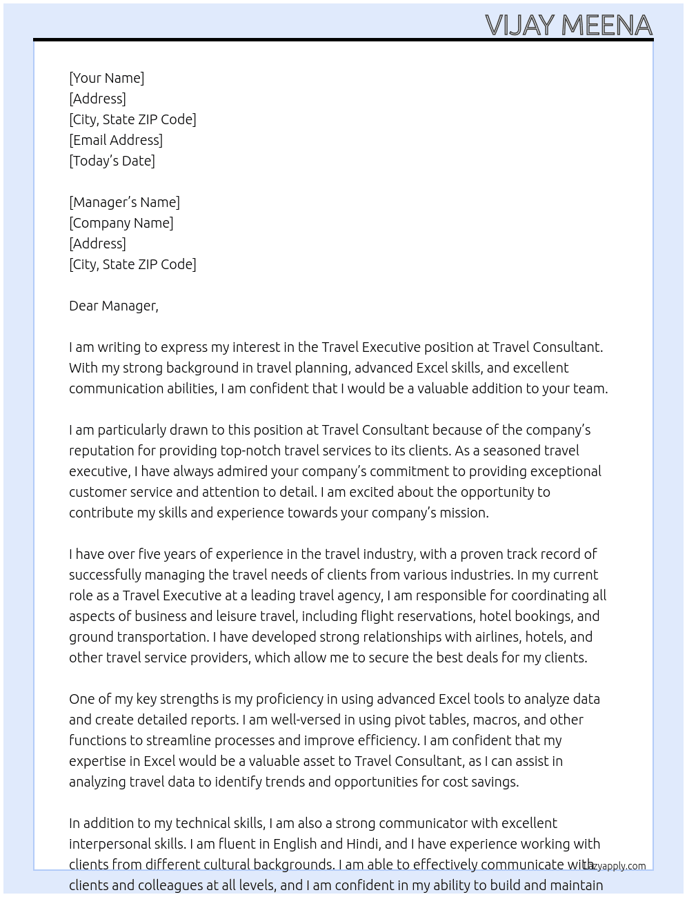 Travel Executive At Travel Consultant Cover Letter