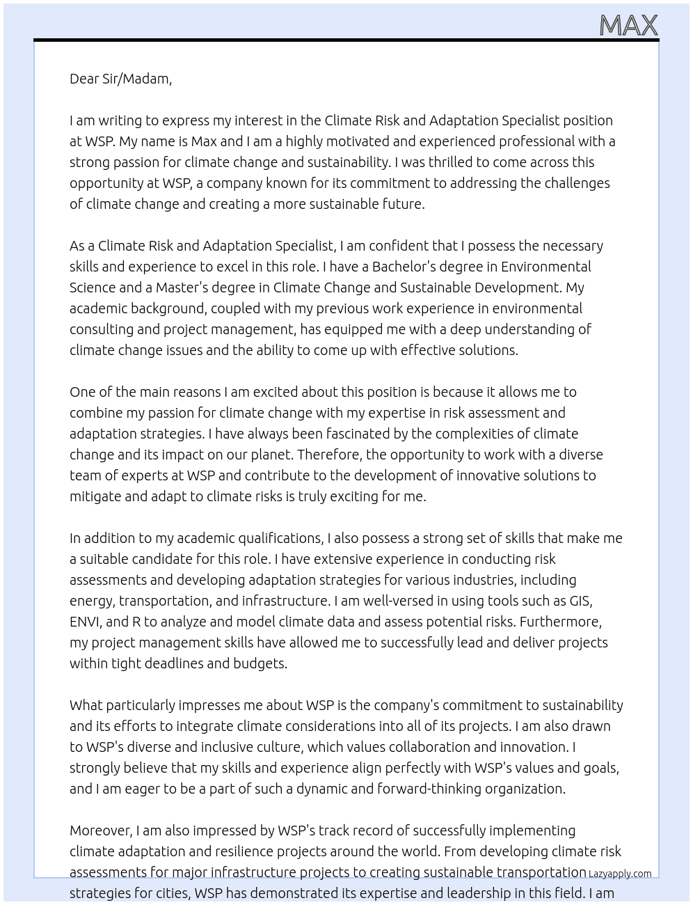 Climate Risk and Adaptation Specialist At https://www.wsp.com/en-gb Cover Letter