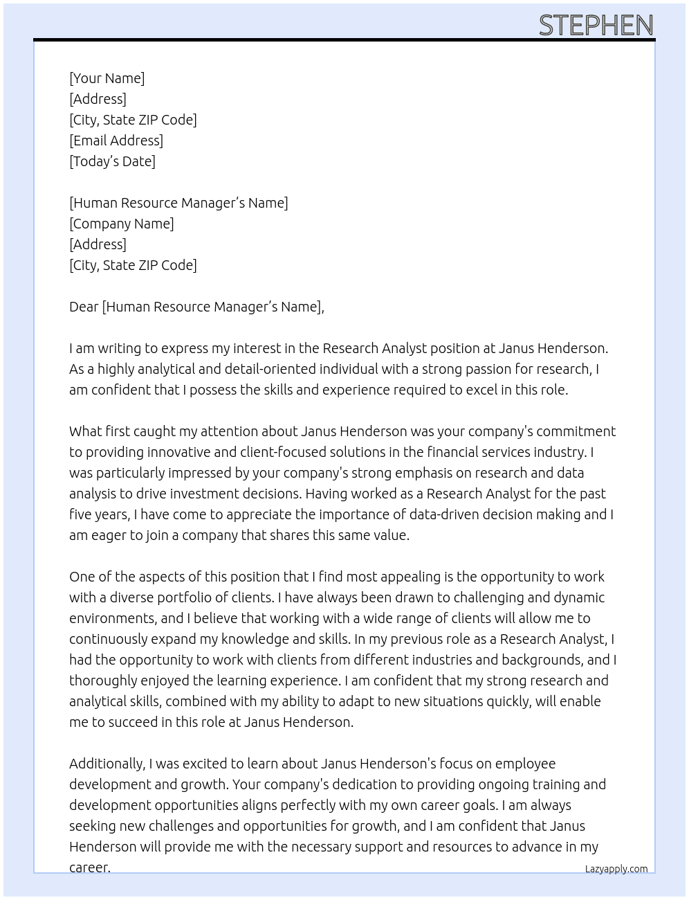 Research Analyst At Janus Henderson Cover Letter