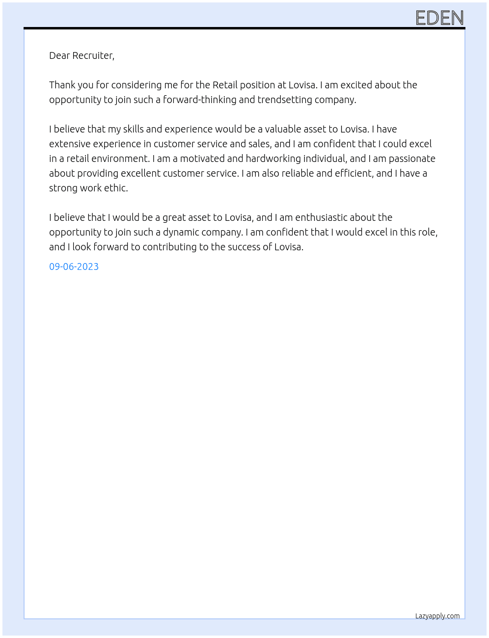 Retail  At Lovisa Cover Letter