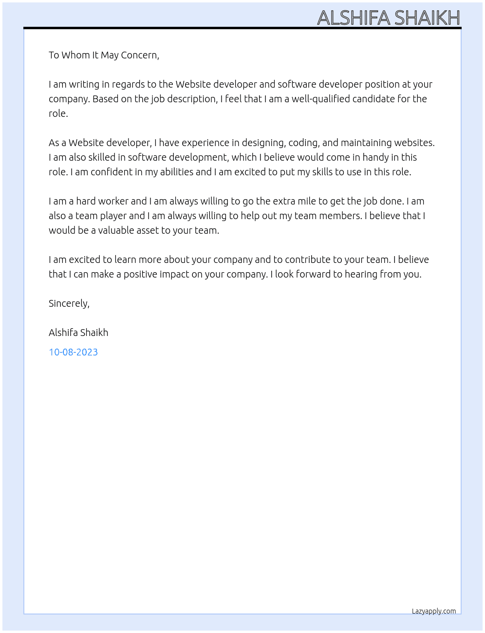 Website developer and software developer  At Software development  Cover Letter