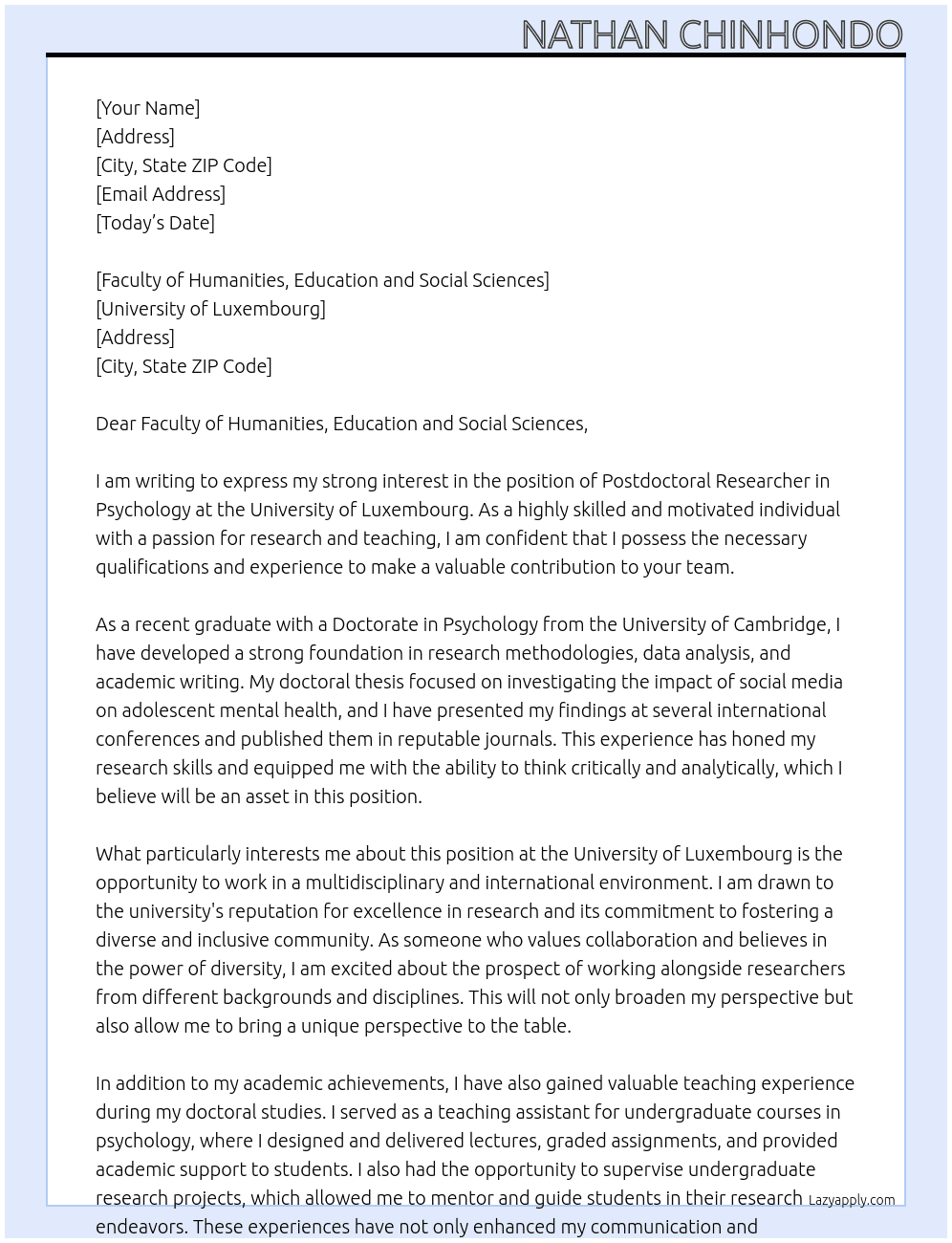University of Luxembourg At Postdoctoral researcher in Psychology Cover Letter