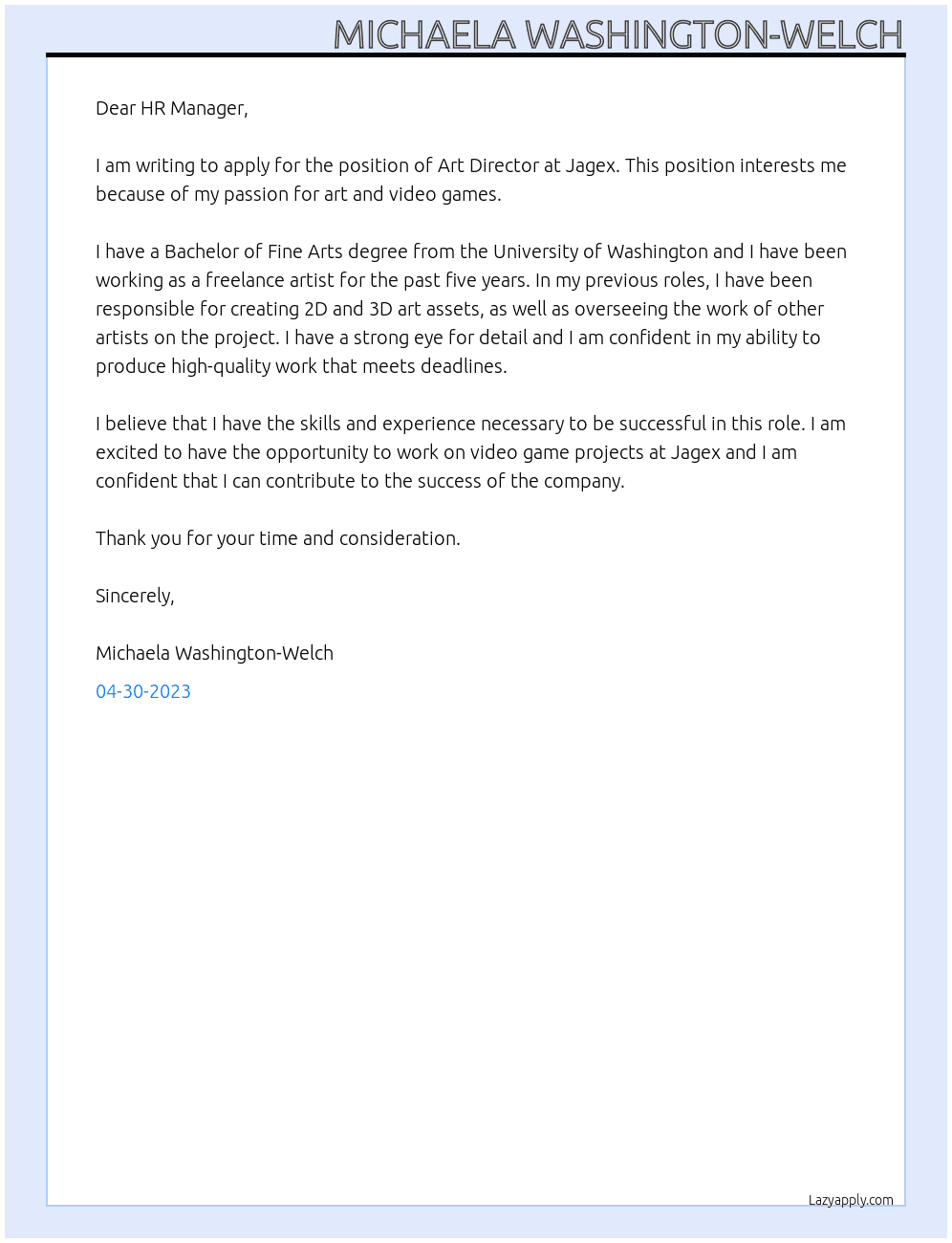 art director  At Jagex Cover Letter