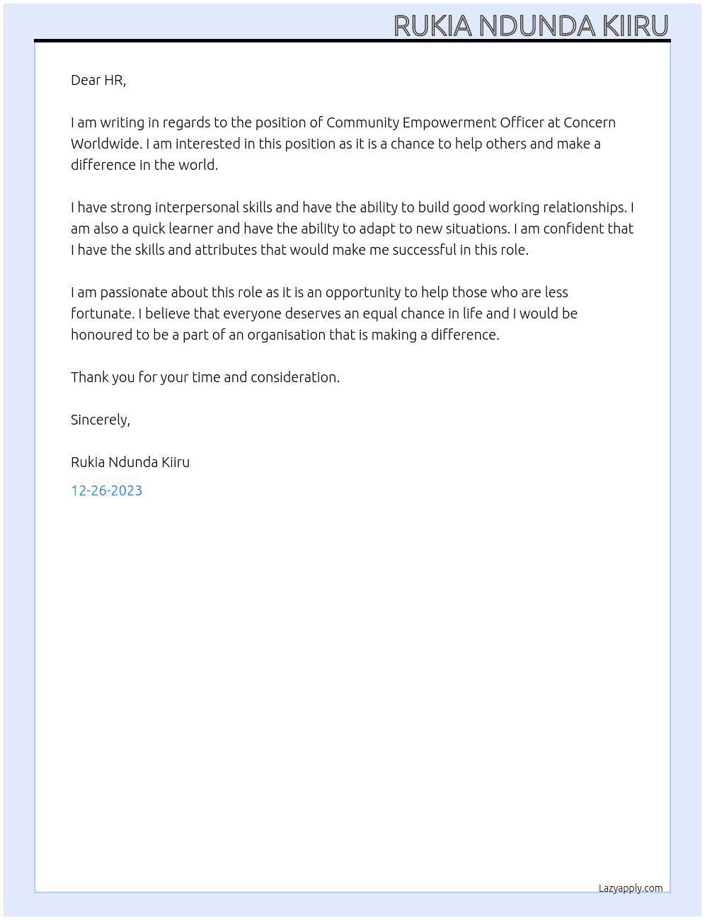 Community Empowerment Officer At Concern Worldwide Cover Letter