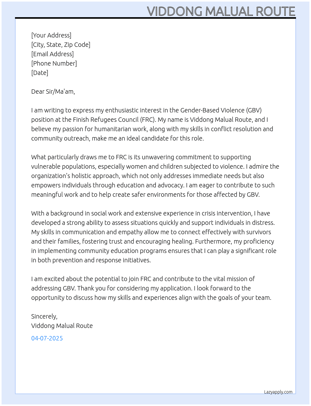 Cover letter for gbv - LazyApply