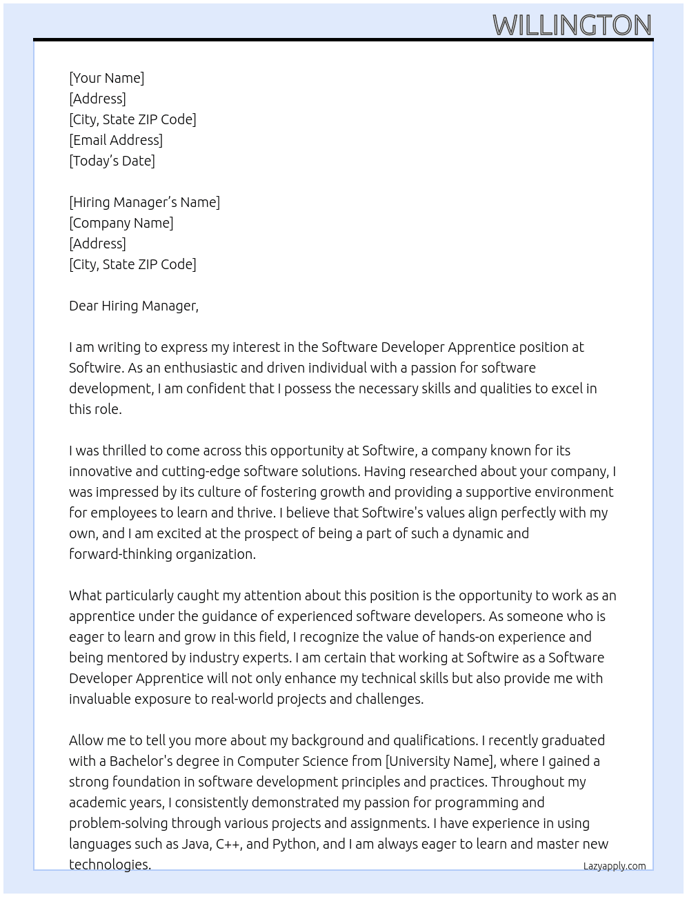 Software developer apprentice  At Softwire Cover Letter