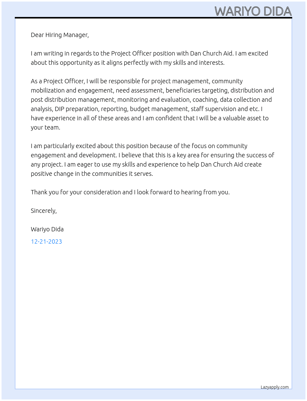 Project Officer At Dan Church Aid Cover Letter