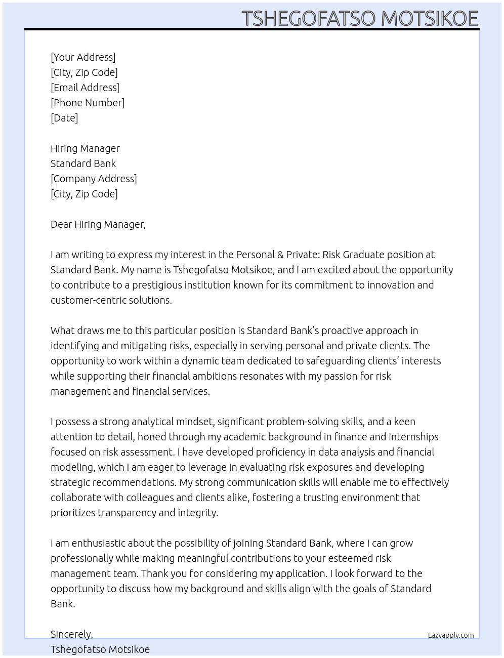 Cover letter for personal & private: risk graduate - LazyApply