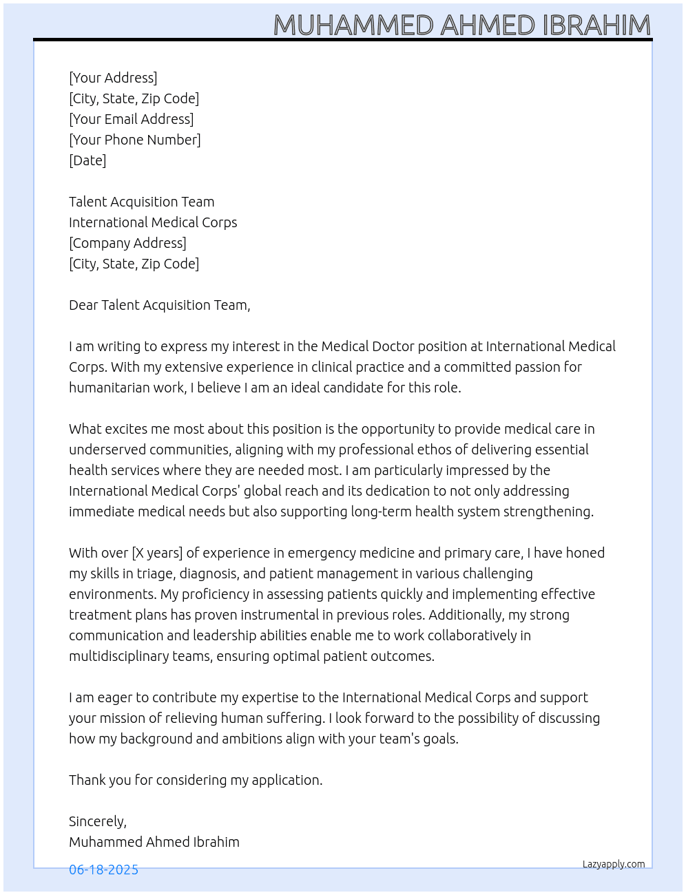 Medical Doctor At International Medical Corps Cover Letter