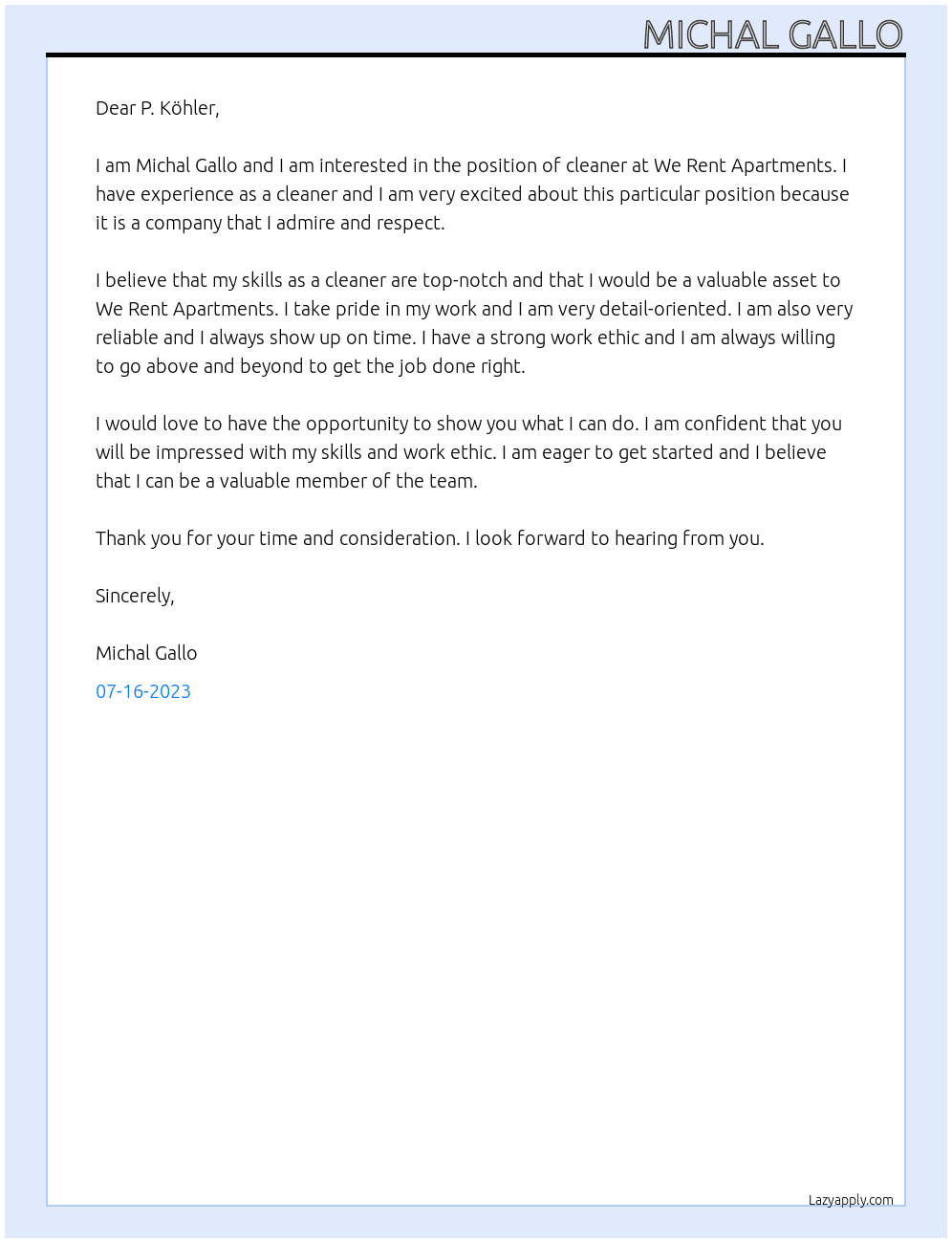 cleaner At We Rent Apartments Cover Letter