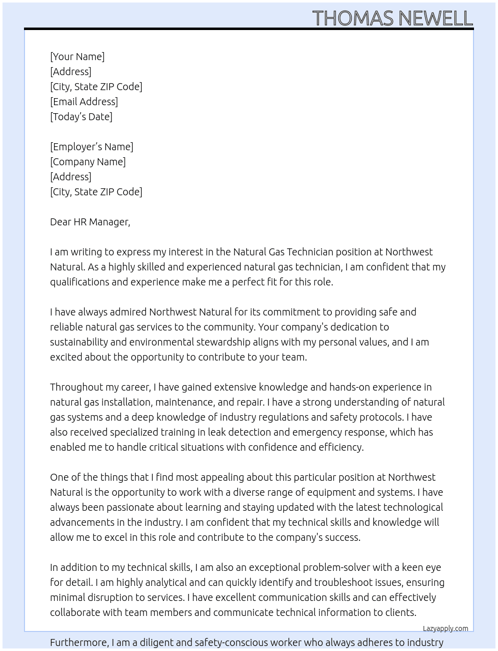 Natural gas technician  At Northwest Natural Cover Letter