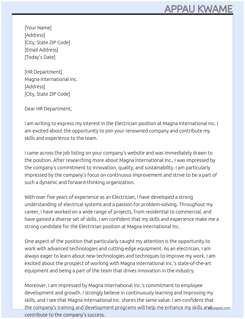 Electrician At Magna International Inc Cover Letter