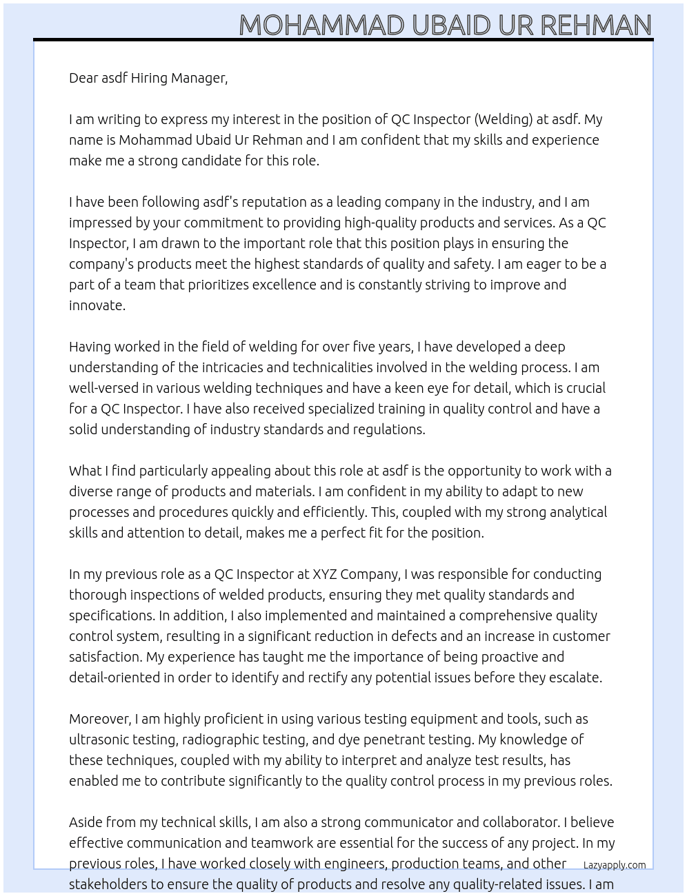 QC inspector (welding) At asdf Cover Letter
