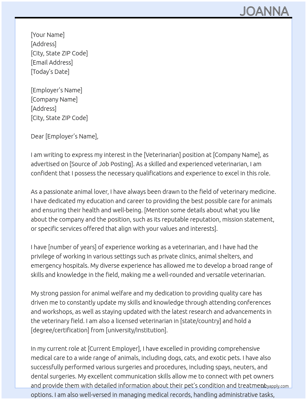 Veternarian  At Vet  Cover Letter
