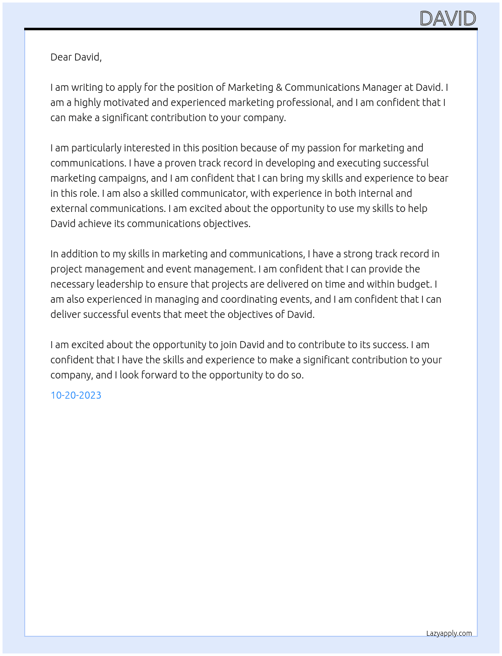 Marketing & Communications Manager At David Cover Letter