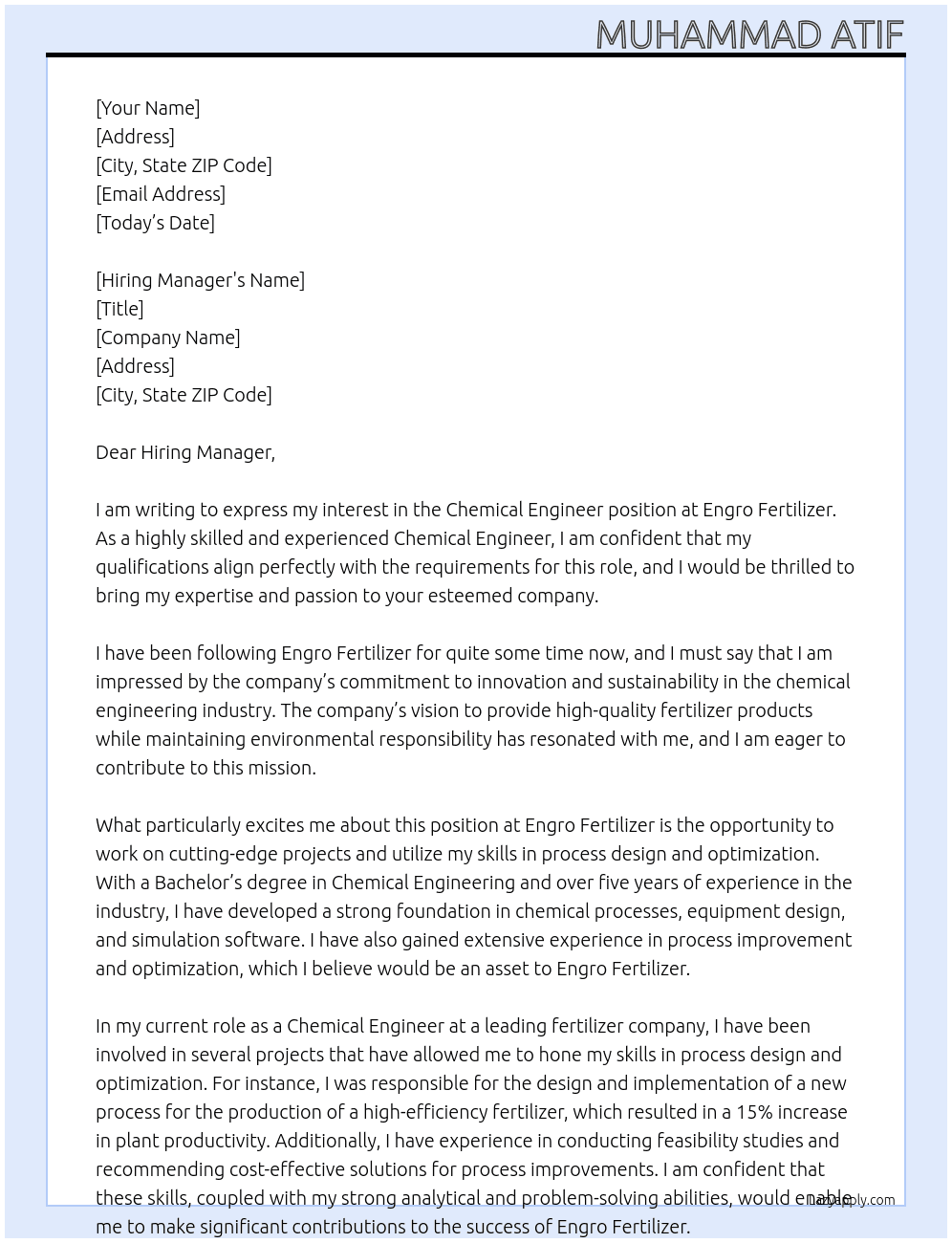 Chemical Engineer  At Engro Fertilizer  Cover Letter