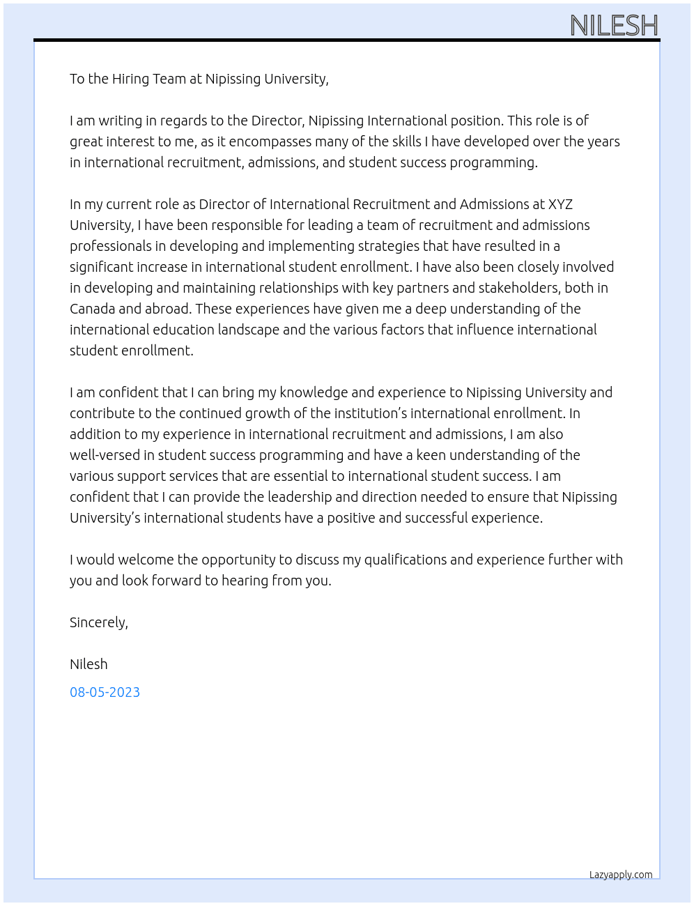 Director, Nipissing International At Nipissing  University Cover Letter