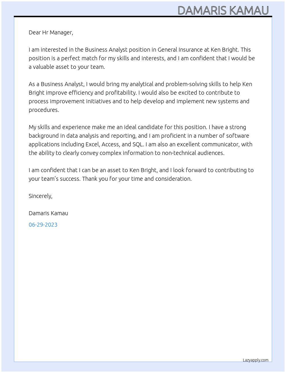 Business Analyst in General Insurance  At Ken Bright Cover Letter