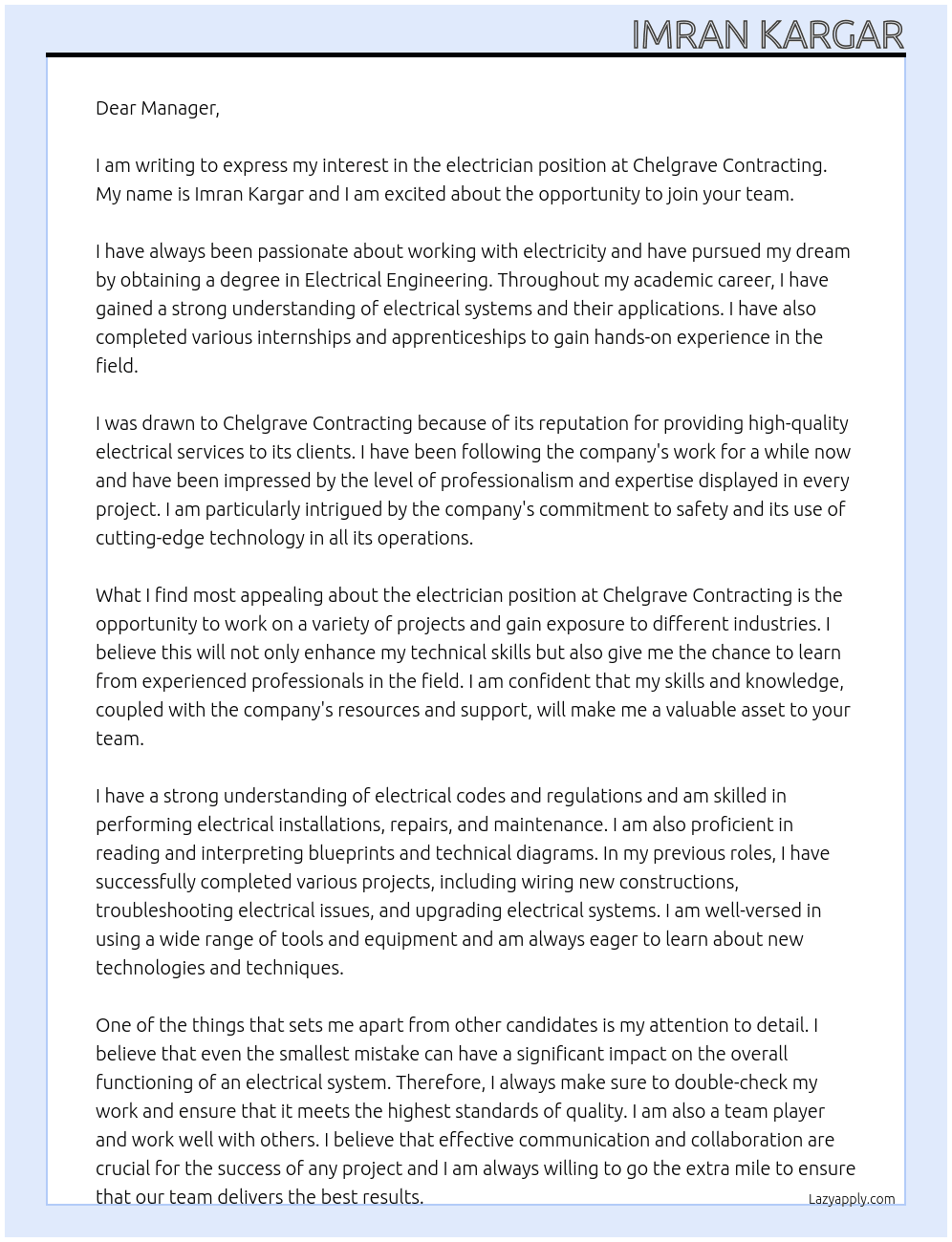 electrician  At Chelgrave Contracting Cover Letter