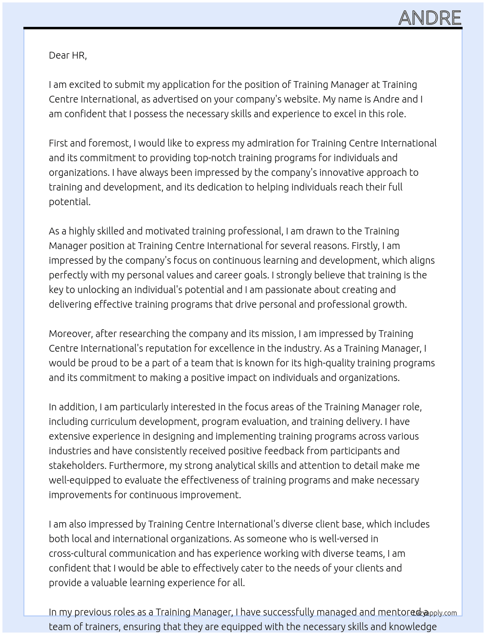 Training manager At Training centre international Cover Letter