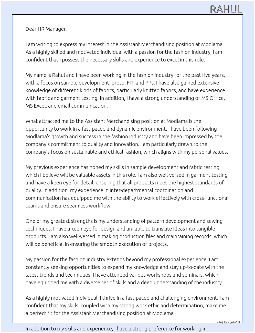 Assistant merchandising  At Modlama Cover Letter