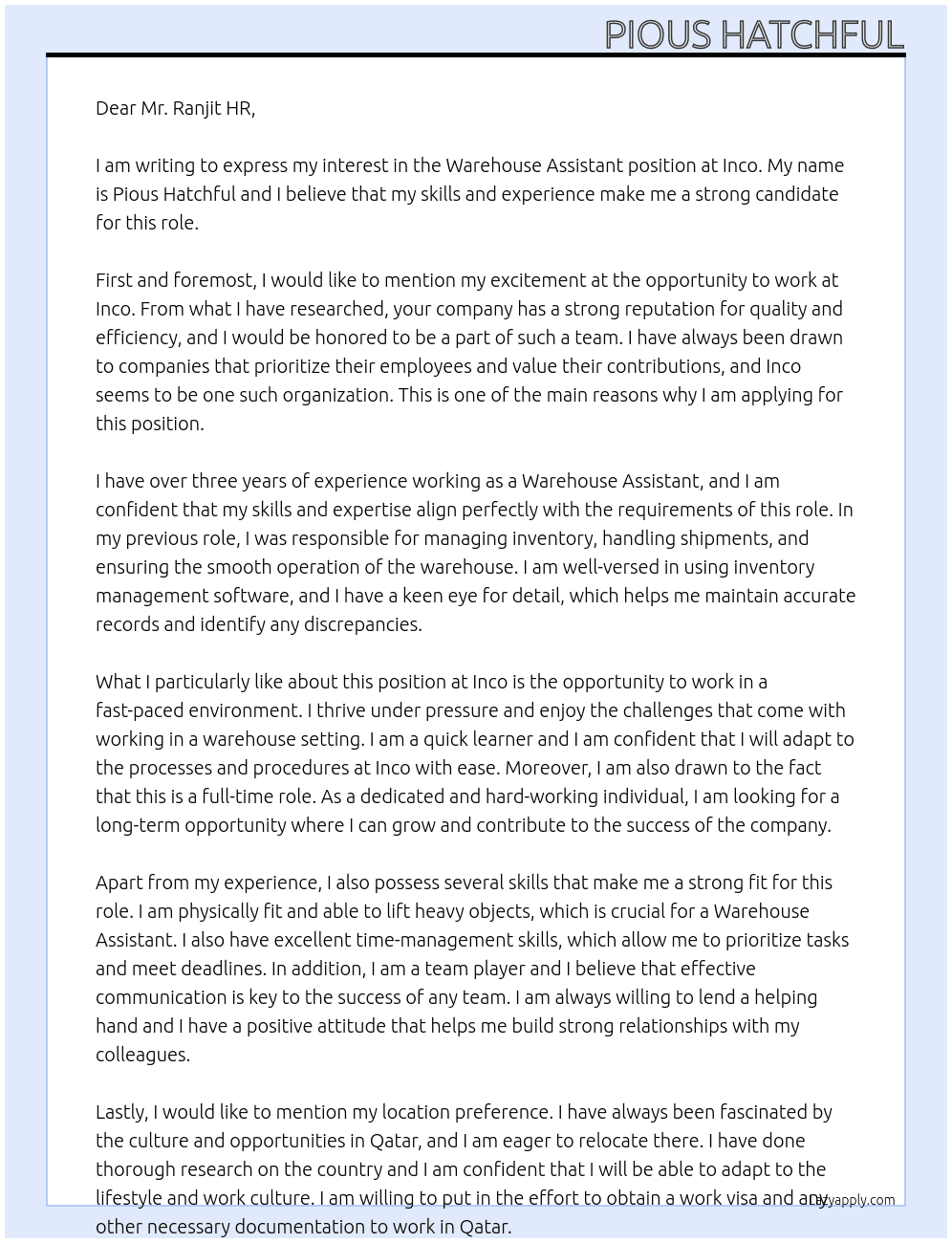 Warehouse assistant  At Inco Cover Letter