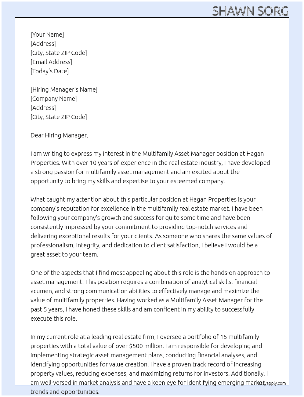 Multifamily Asset Manager At Hagan Properties Cover Letter
